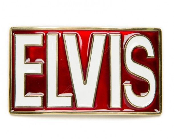 Red and white enameled rectangular Elvis belt buckle