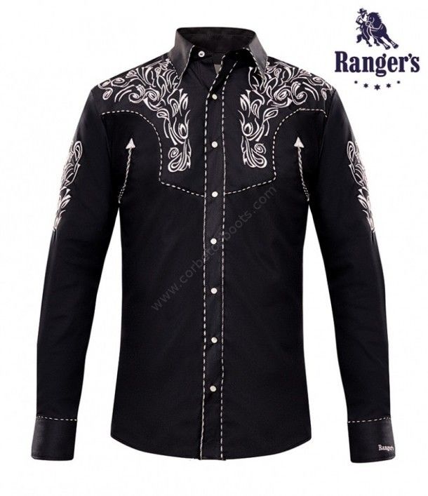 Mens black cowboy shirt with white embroideries on chest arms and back