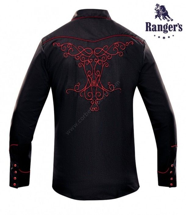 Camisa negra con bordados rojos estilo charro Ranger