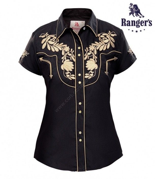 021DA01 Negro | Camisa negra bordado dorado Ranger's para mujer manga corta - Corbeto's Boots