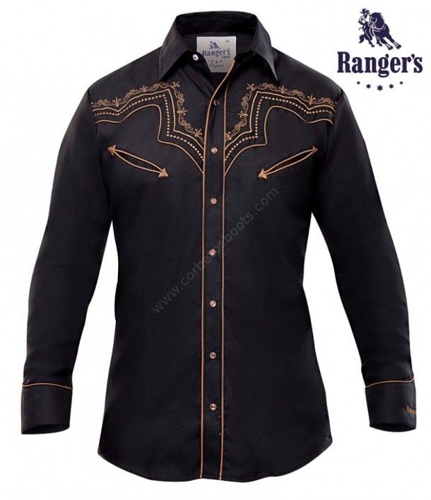 097CA01 Negro | Camisa negra para hombre con bordado estilo mexicano color marrón - Corbeto's Boots