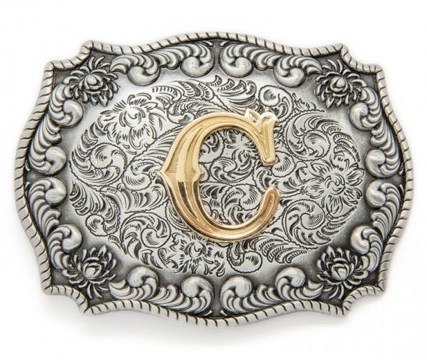 C initial flligree engrave distressed metal belt buckle
