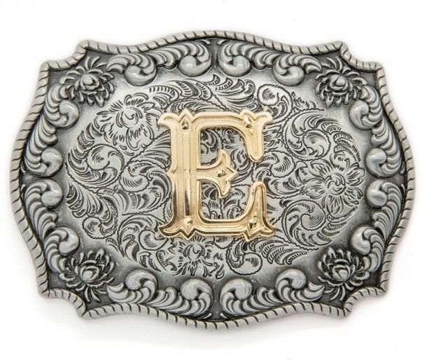 E letter distressed metal belt buckle with filigree engrave