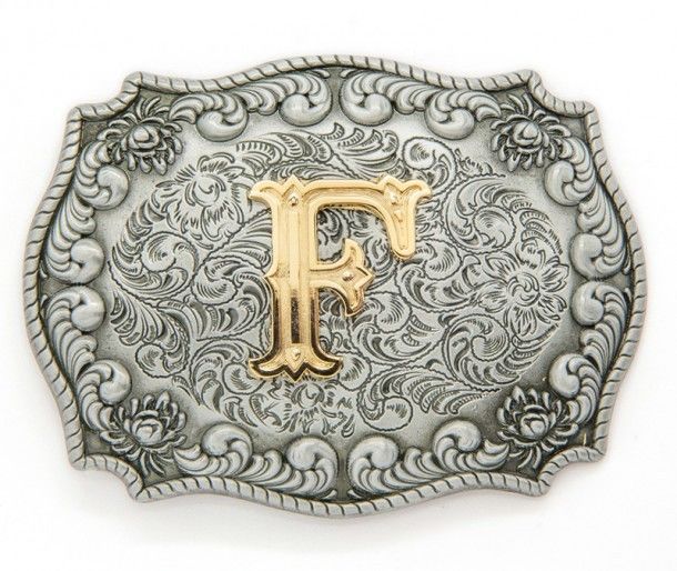 F initial in relief and filigrees country belt buckle