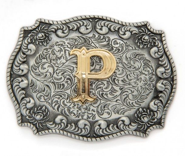 P initial flligree engrave distressed metal belt buckle
