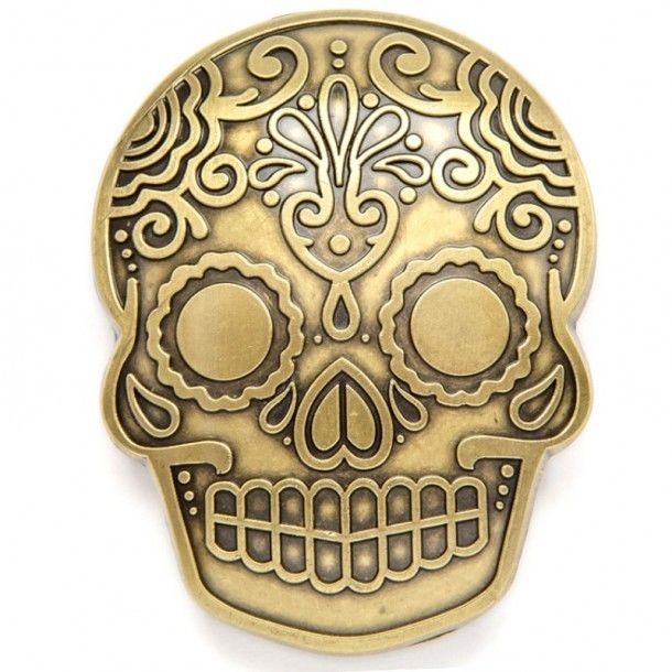 Now you can buy through our online store and get this rockabilly / psychobilly style antique brass mexican skull belt buckle with a golden look.