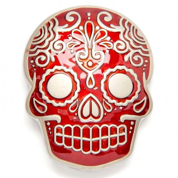 Now you can buy through our online store and get this rockabilly / psychobilly style red enameled sugar skull belt buckle switchable for any belt.