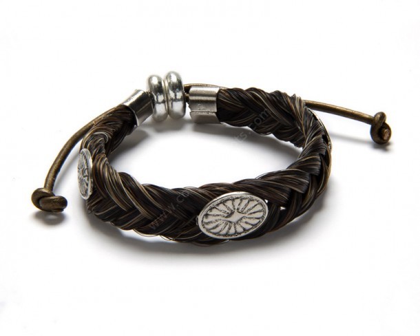 Brown colour braided horse hair wristband with classic western oval conchos