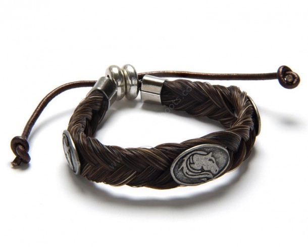 Brown colour braided horse hair wristband with equine horse metal conchos