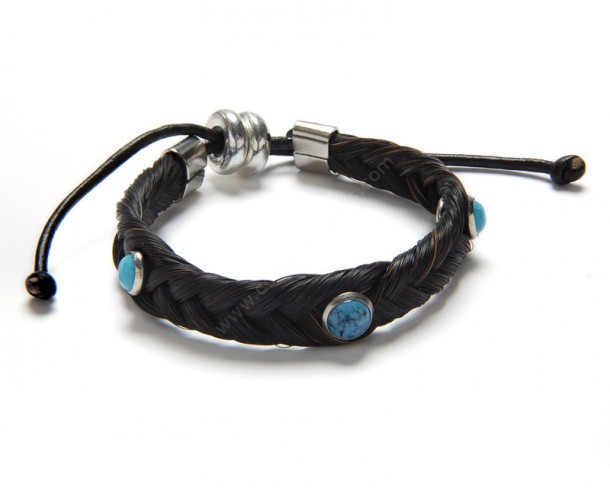 Dark brown braided horse hair wristband with turquoise colour accent beads