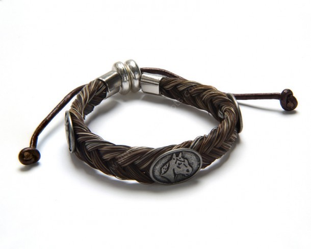 Brown natural braided horse hair wristband with engraved purebred horse conchos