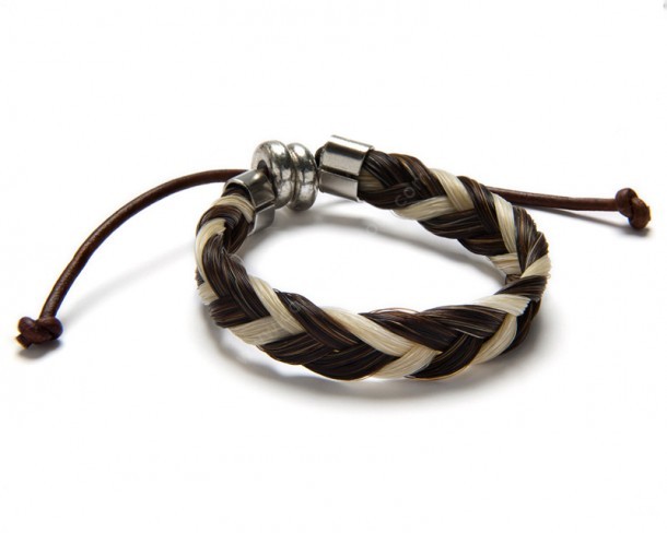 You can buy at our western online shop this genuine bicolour white & brown braided horse hair bracelet handmade in the USA with leather cords.