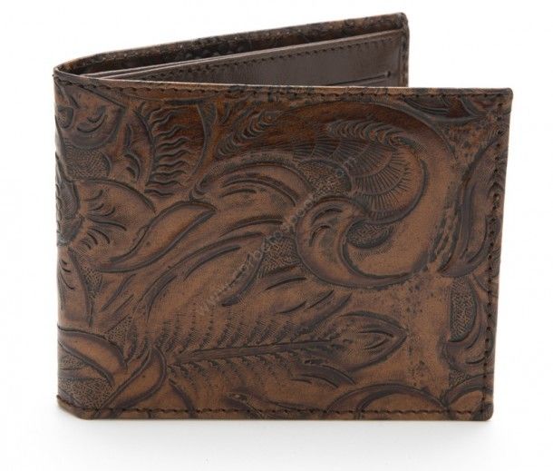 Sendra vintage brown western wallet with floral embossed scrolls