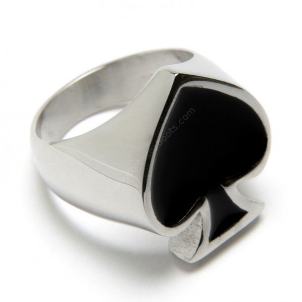 Rocker style black enameled ace of spades metallic ring
