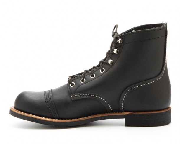 Greased black leather Red Wing work boots with black Taslan laces