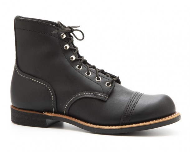 Greased black leather Red Wing work boots with black Taslan laces