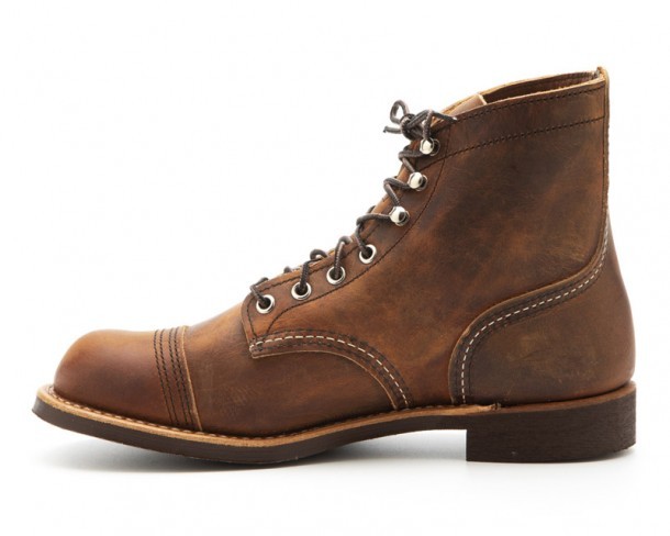 Tanned copper brown leather Iron Ranger Red Wing work boots with Vibram rubber soles