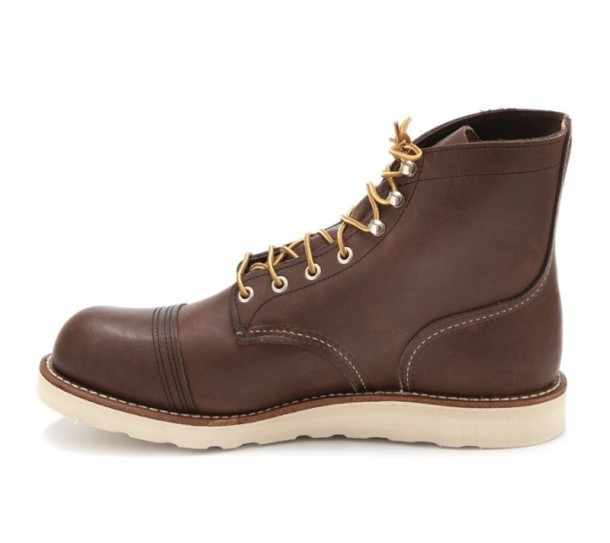 Red Wing Shoes tanned brown leather Iron Ranger upper with Classic Moc white outsole