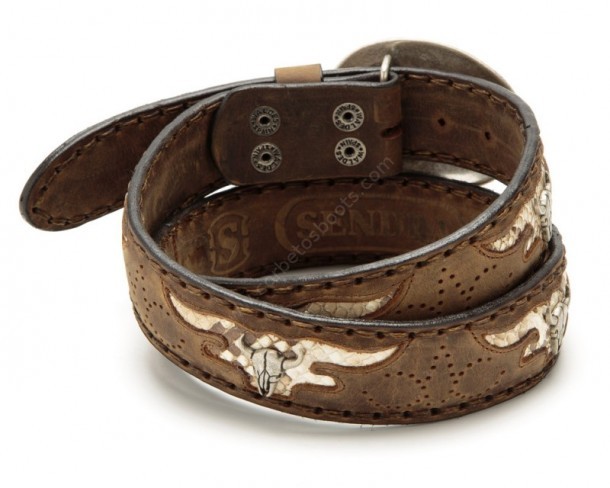 Sendra Boots greased brown leather cowboy belt with longhorn buckle