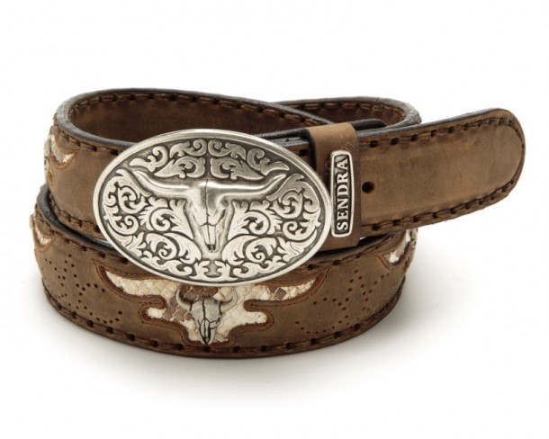 Sendra Boots greased brown leather cowboy belt with longhorn buckle