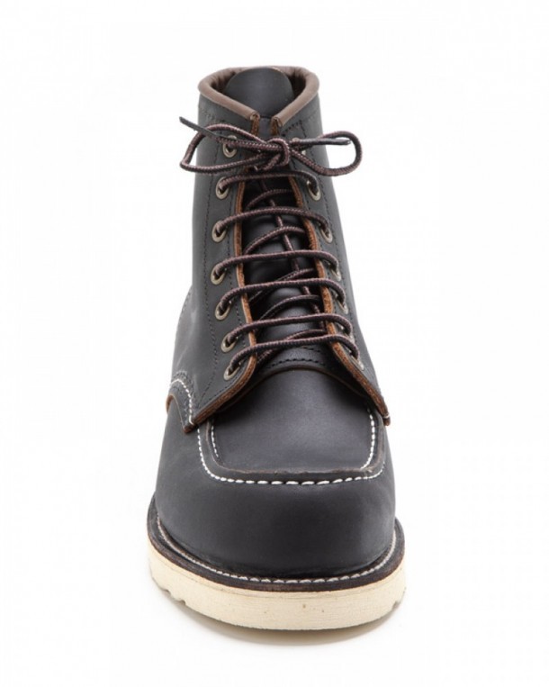 Classic Moc last black leather Red Wing laced boots with light white rubber sole