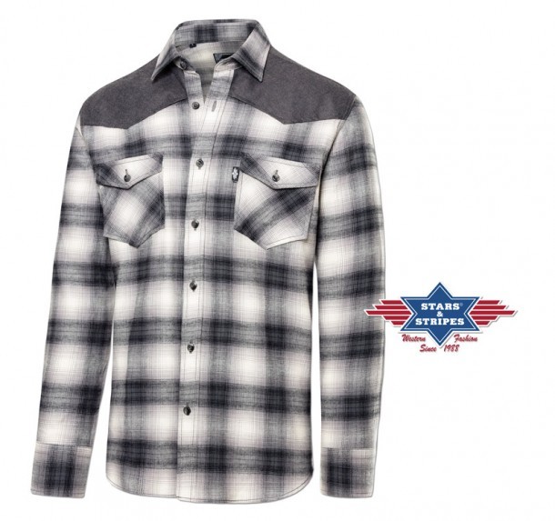 Cotton flannel basic men western grey and white checkered shirt with yoke