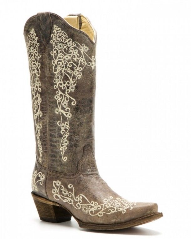 A-1094 Brown Crater Bone | We ship worldwide these women cowgirl sytle Corral Boots in brown leather and floral embroidery, so buy them now!