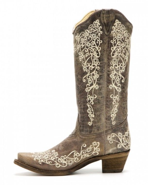 A-1094 Brown Crater Bone | We ship worldwide these women cowgirl sytle Corral Boots in brown leather and floral embroidery, so buy them now!