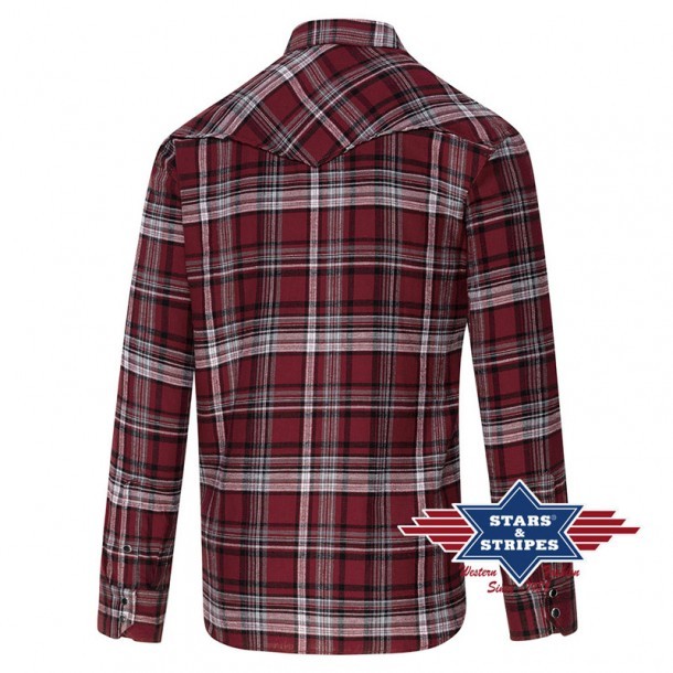 Maroon cotton flannel mens checkered cowboy shirt with light colour stripes