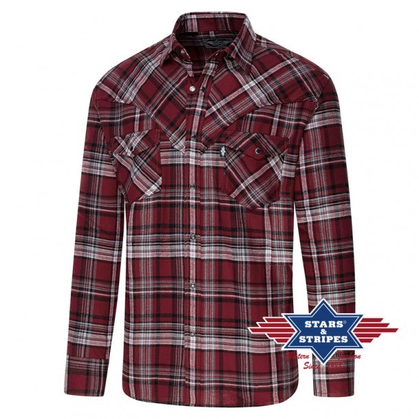 Maroon cotton flannel mens checkered cowboy shirt with light colour stripes