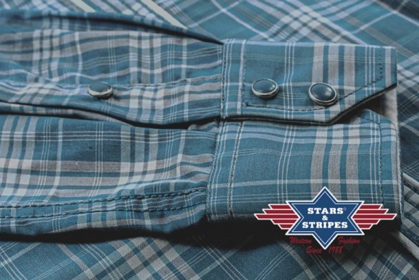 Stars & Stripes blue and grey mens plaid western shirt with yoke
