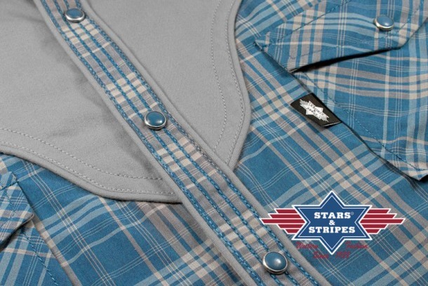 Stars & Stripes blue and grey mens plaid western shirt with yoke