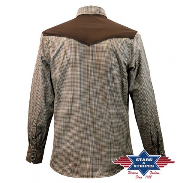 Small check country western mens shirt with brown yoke