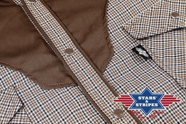 Small check country western mens shirt with brown yoke