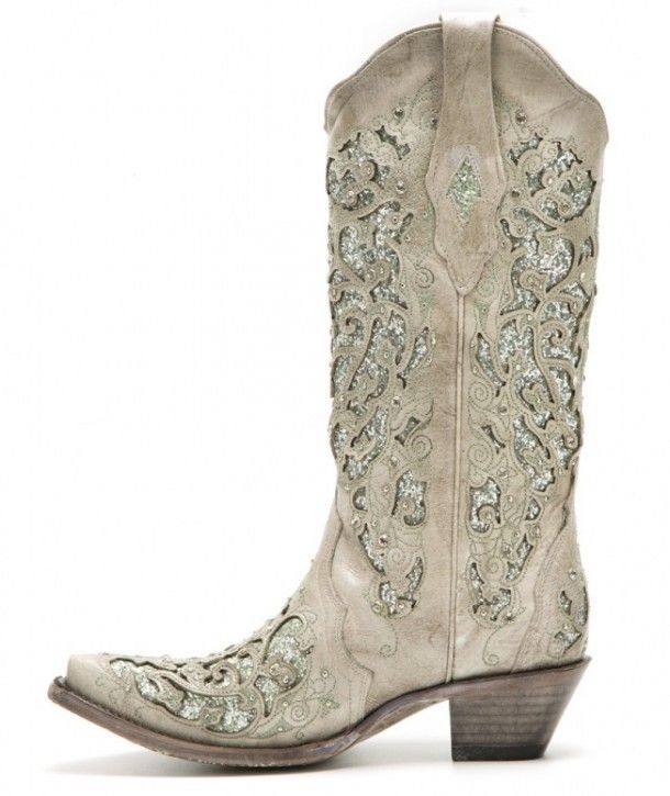 A-3321 White Green Glitter | Buy online at our western online store these bride special glam white Corral Boots for women with glitter and crystals.