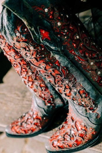 Cowgirl distressed black leather & red glitter wedding boots