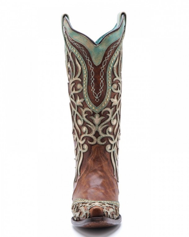 Botas marrones moda western Corral Boots para mujer con montado doble piel verde turquesa