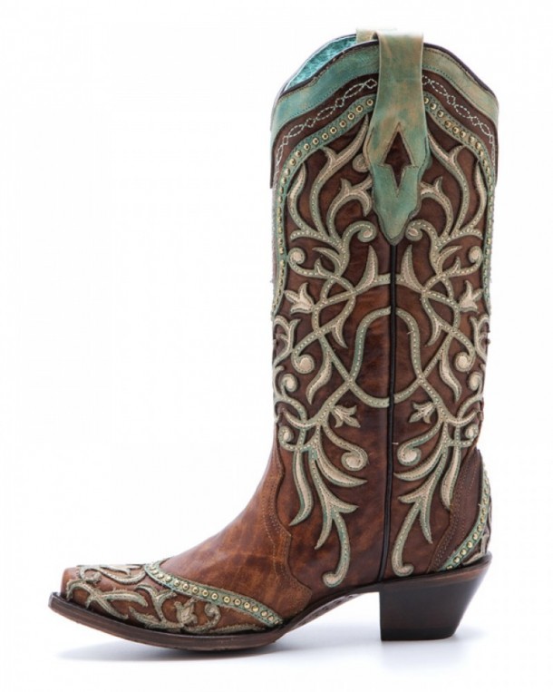 Botas marrones moda western Corral Boots para mujer con montado doble piel verde turquesa