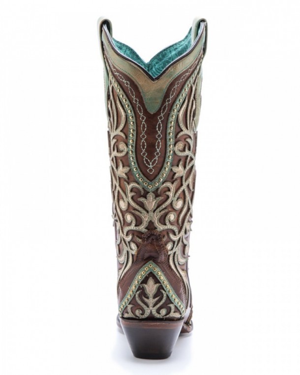 Western fashion cowgirl brown leather Corral Boots with distressed turquoise green overlay