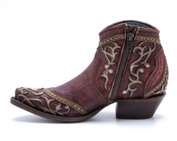 Corral Boots ladies distressed carmine red western booties with light embroidery on decorative overlay