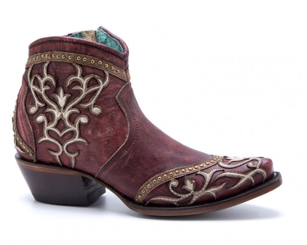 Corral Boots ladies distressed carmine red western booties with light embroidery on decorative overlay