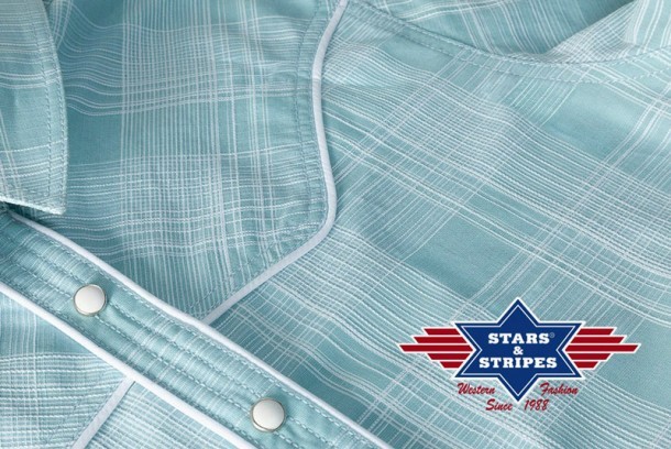 Light blue with white stripes checkered Stars & Stripes ladies western blouse