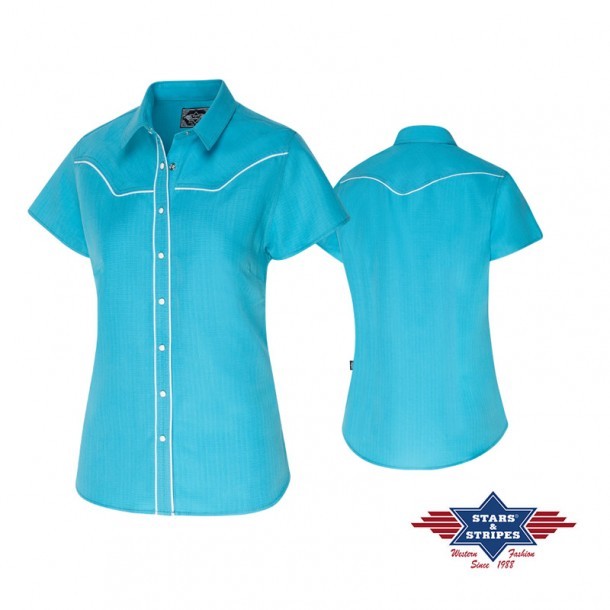 Camisa básica de manga corta estilo western para mujer color azul turquesa