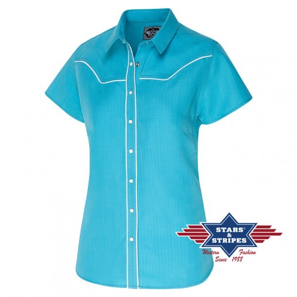 Camisa básica de manga corta estilo western para mujer color azul turquesa