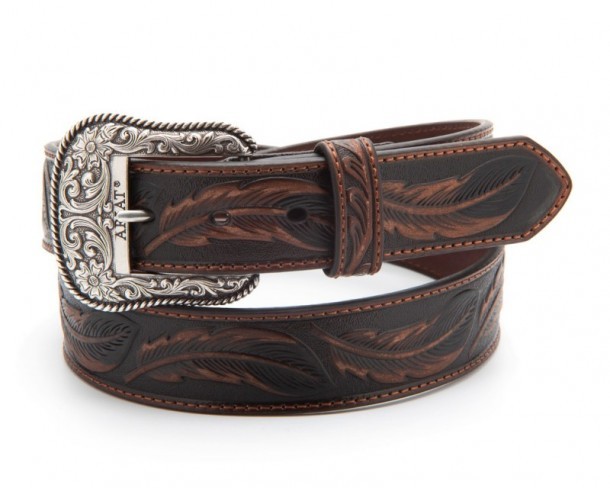 Ariat unisex cowboy style leather belt with embossed feathers and engraved buckle