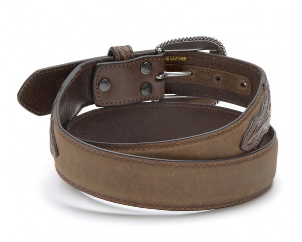 Ariat greased brown cowboy belt with western embossed tabs