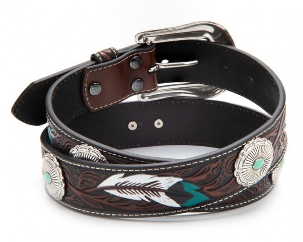Line dance style Ariat women belt with green turquoise stone conchos and painted feathers