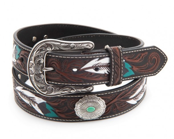 Cinturón country Ariat para mujer con plumas pintadas y conchos con piedras turquesa