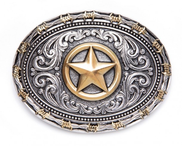 Big size golden Texas star belt buckle with barb wire edge and relief scrolls