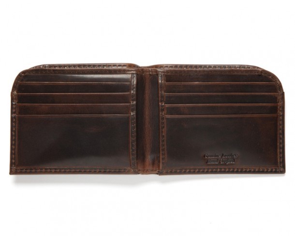 Classic dark brown leather wallet with rounded upper corner